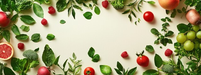 Panoramic food background with assortment of fresh organic fruits and vegetables