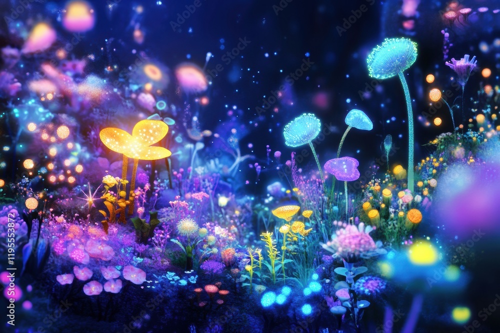 Poster explore the beauty of a magical microscopic ecosystem filled with friendly microbes in vibrant color