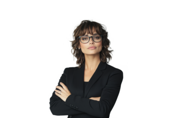 Portrait of a woman with glasses and a black blazer posing confidently with crossed arms against a light gray background