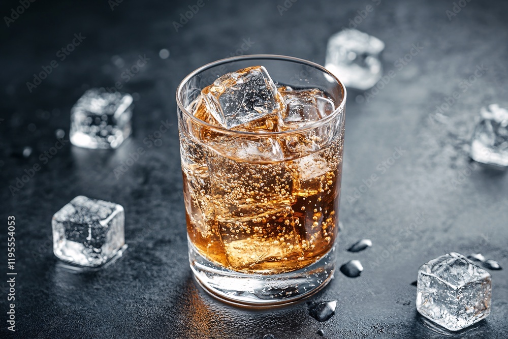 Poster glass of sparkling cold drink with ice cubes on dark background