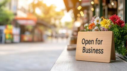 Wooden open signage resting on windowsill, floral decor blurring street scene behind small retail storefront