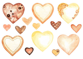 Set of handmade hearts. Watercolor hearts for Valentine's Day. The image is hand-drawn and isolated on a white background. Brown, with circles and checks, stripes and flowers.