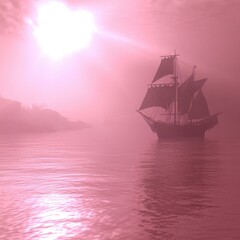 Fototapeta premium Mysterious ship sailing through a foggy, pink-hued seascape.
