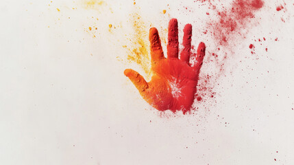 Vibrant Holi powder handprint bursting with multicolored pigments against pristine white background, capturing festive color celebration