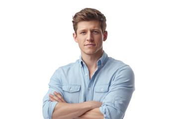 Portrait of a man with brown hair wearing a light blue shirt against a white background