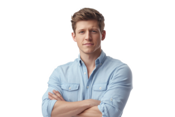 Portrait of a man with brown hair wearing a light blue shirt against a white background
