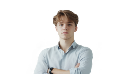 Portrait of young male model with fair skin and light brown hair against a plain background