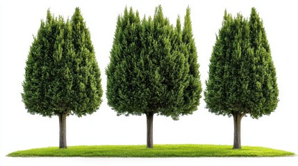 Three symmetrical evergreen trees on vibrant green grass isolated on white
