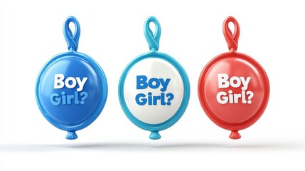 Colorful gender reveal balloons in blue, white, and red, featuring the phrases "Boy" and "Girl?" for celebrating the baby's gender.