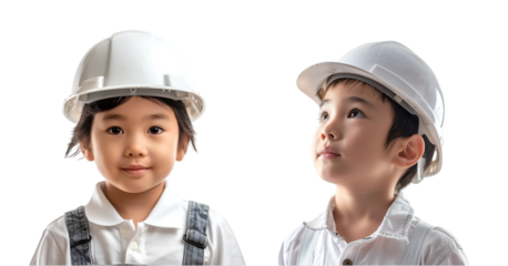 Young boy in white safety helmet pretend to be engine
