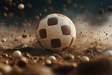 Naklejka premium Soccer ball rolling on dusty field during an intense match in late afternoon light