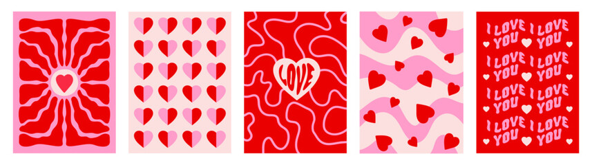 Creative romantic set vertical backgrounds in style retro. Happy Valentines day greeting card. Vector illustration. Pink and red colors