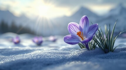 Purple crocus blooming in snowy landscape at sunrise