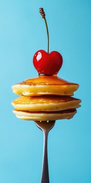 Delicious Stack of Pancakes Drizzled with Honey and Topped with a Sweet Cherry on a Vibrant Blue Background
