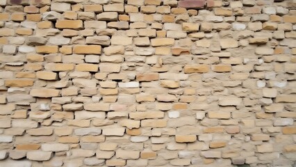 Obraz premium A masonry facade showing cracks, eroded joints, discoloration, and faded color due to weathering over time. 