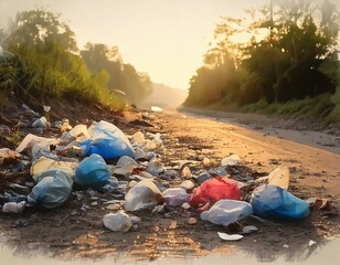 Plastic bags and bottles scattered along a rural dirt road at sunset, illustrating environmental pollution and the impact of human waste on nature.