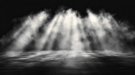 Dramatic light rays piercing through heavy mist on dark stage