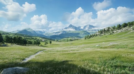 Obraz premium Scenic mountain landscape with green fields and a cloudy blue sky