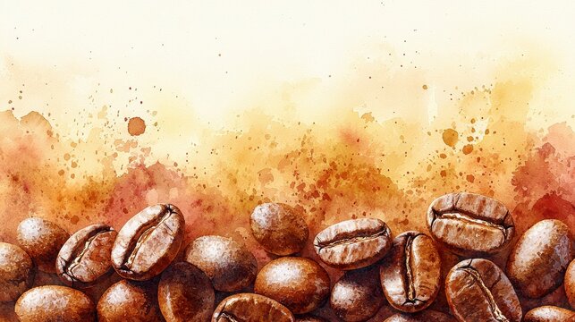 Watercolor painting of coffee beans with a coffee-colored background.