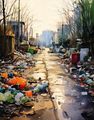 Fototapeta premium A polluted alleyway in an urban area, littered with plastic bottles, garbage bags, and debris. Empty buildings and barren trees line the street.