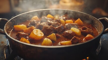 Steaming hot beef stew simmering with potatoes