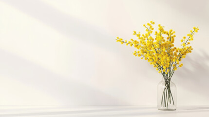 Delicate yellow mimosa blossoming in clear glass vase resting on pristine white surface, highlighting minimalist decor with gentle natural illumination © Bonsales
