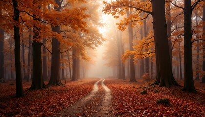 Autumn forest road covered with red leaves and surrounded by misty golden light