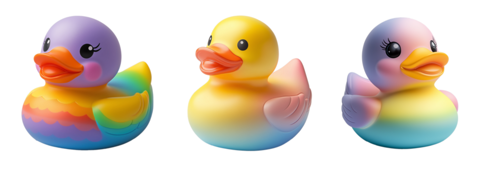 Set of three gradient rubber ducks in purple, yellow, and pastel hues, with smiling faces, on a transparent background, ideal for playful design themes or kids' decor