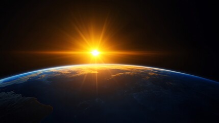 Fototapeta premium Golden sunrise brilliantly illuminates Earth from space showcasing vibrant blue oceans and landmasses. AI Generated