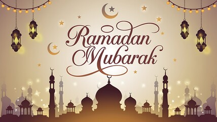 Obraz premium Ramadan Mubarak Festive Greeting Cityscape Mosques Lanterns