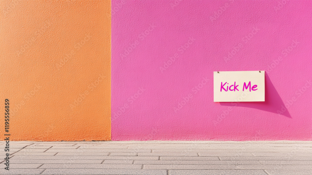 Wall mural Handwritten kick me note affixed to pastel wall, capturing minimalist photographic style with clean visual simplicity