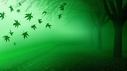 Mysterious Green Forest Path with Falling Leaves