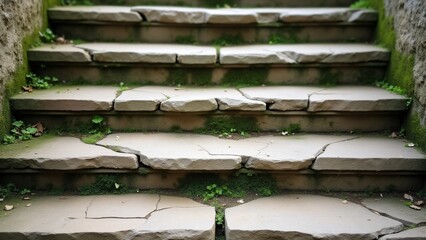 A stone staircase with chipped edges, worn surfaces, cracks, and moss growth, showing signs of aging.