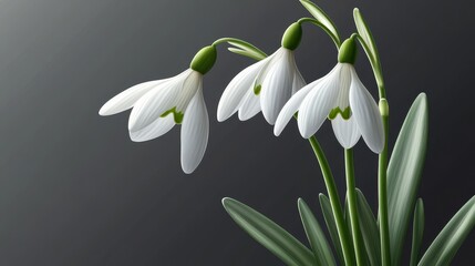 Fototapeta premium Elegant white snowdrop flowers on dark background with green leaves