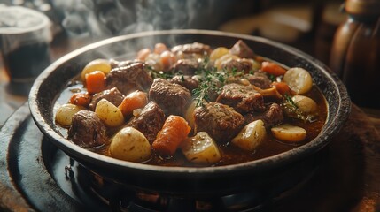Steaming hot beef stew simmering with potatoes