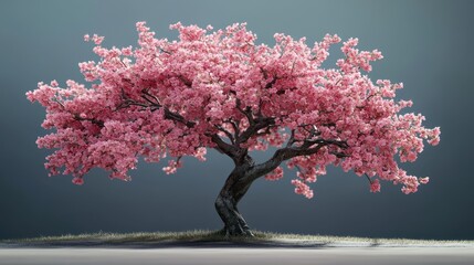 Elegant pink cherry blossom tree against a soft gray background