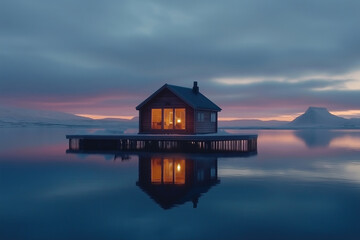 Fototapeta premium Cozy wooden cabin on a lake at twilight with colorful sky reflections