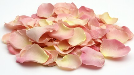 Fototapeta premium A pile of soft pink rose petals resting on a clean white background with soft lighting