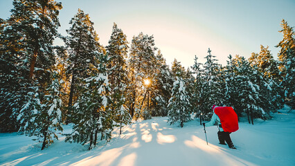 A tourist girl with a backpack walks through a snowy winter forest
