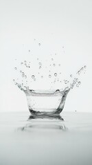 Water splashing out of a glass bowl on a white background creates stunning droplets and ripples, capturing the essence of fluid motion and the beauty of purity and freshness