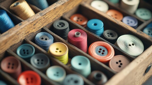 Close up of wooden sewing container box with different retro vintage buttons and thread spools in school class prepared for the hand craft lesson tailor materials selective focus
