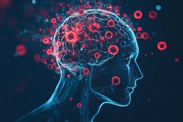 Obraz premium Glowing Red Viruses Floating Around X-Ray Human Head with Brain on Dark Blue Background, Representing Neural Health and Disease Awareness