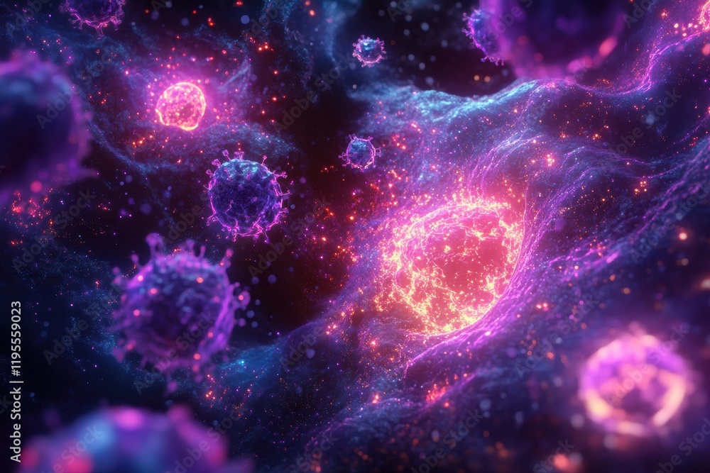 Aufkleber glowing cell surrounded by menacing viruses in a dark, swirling environment. generative ai