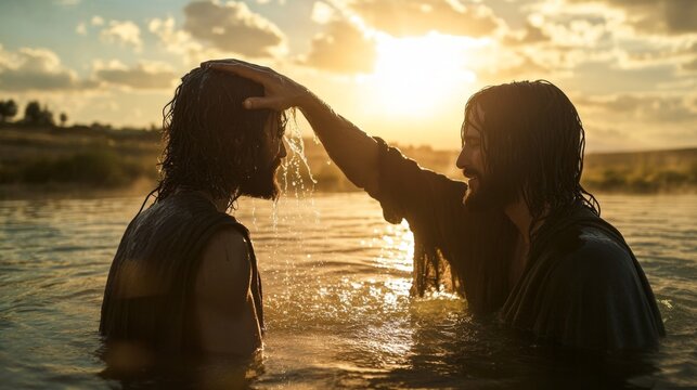 Spiritual moment of baptism at sunset by the river creates a serene atmosphere in nature