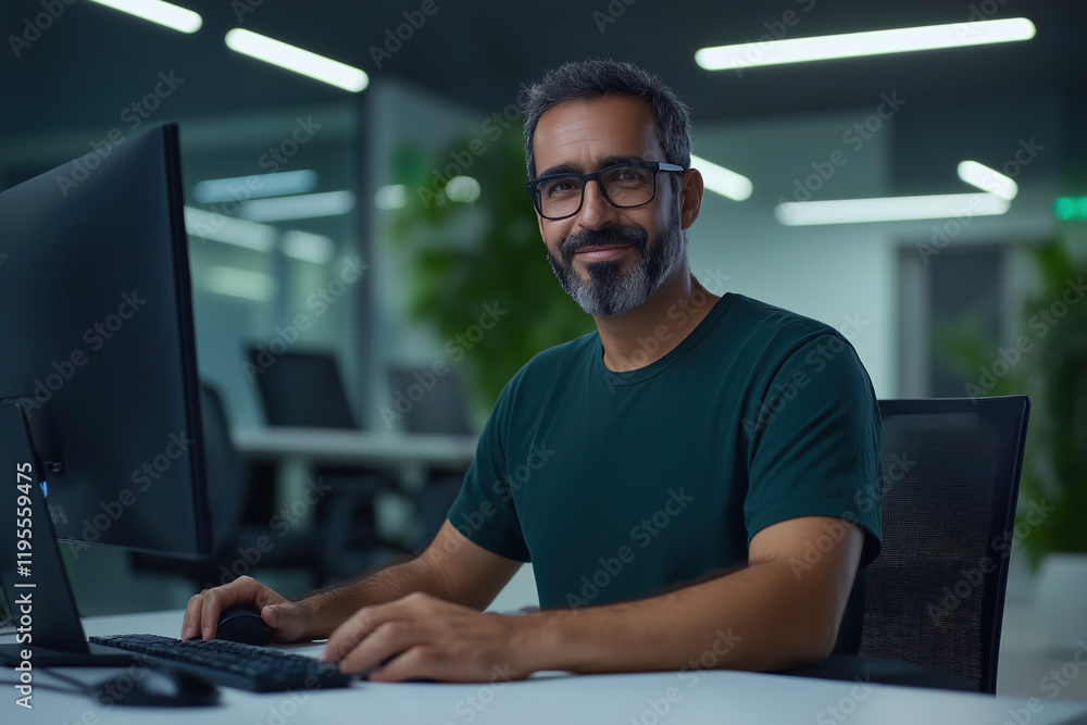 Poster man works diligently at computer in modern office environment during evening hours