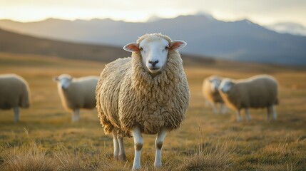 Obraz premium close up sheep with thick wool coats, grazing peacefully on a sunlit meadow