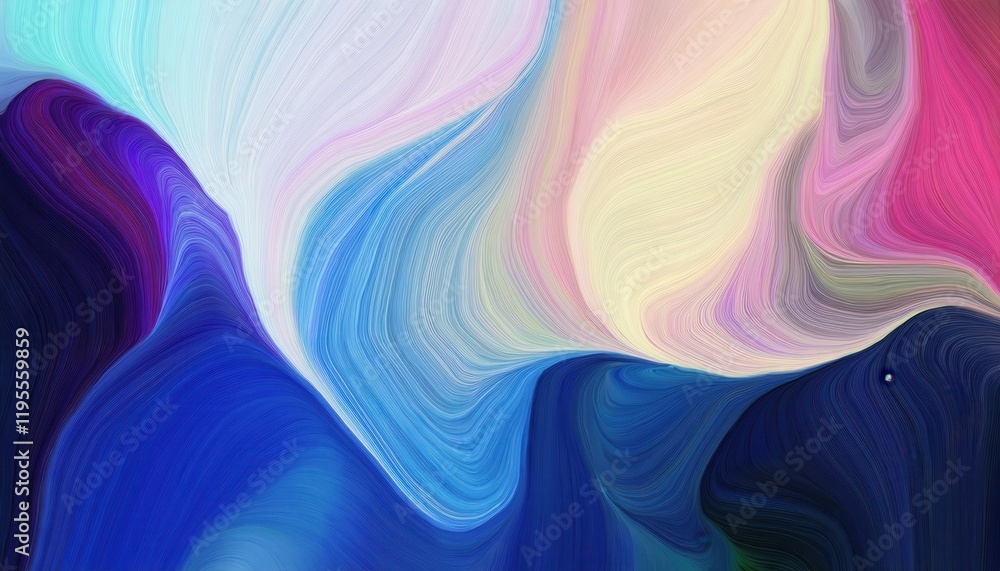 Poster flowing abstract wave in vibrant blue and purple gradients with soft brushstroke textures, perfect f
