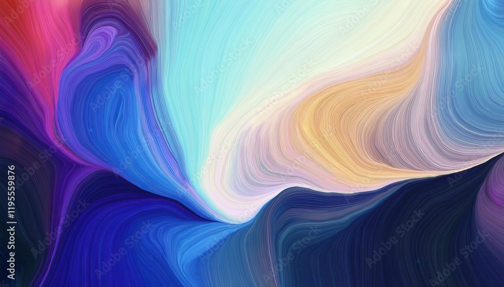 Poster flowing abstract wave in vibrant blue and purple gradients with soft brushstroke textures, perfect f