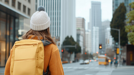 Exploring new city with yellow backpack, embodying adventure and curiosity