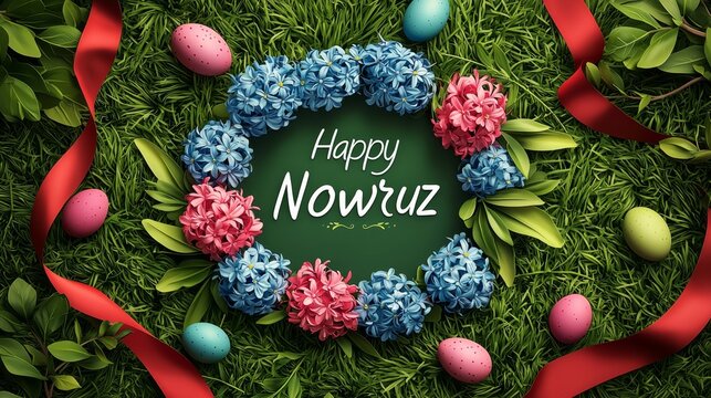 Colorful flower wreath with eggs and ribbons celebrates Nowruz on a green grass background